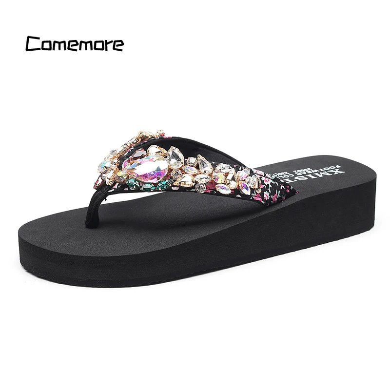 Comemore Diamond Sandals Slippers Holidays Beach Shoes Wedge Platform Sandals Women Size 33 34 42 Luxury Rhinestones Flip Flops