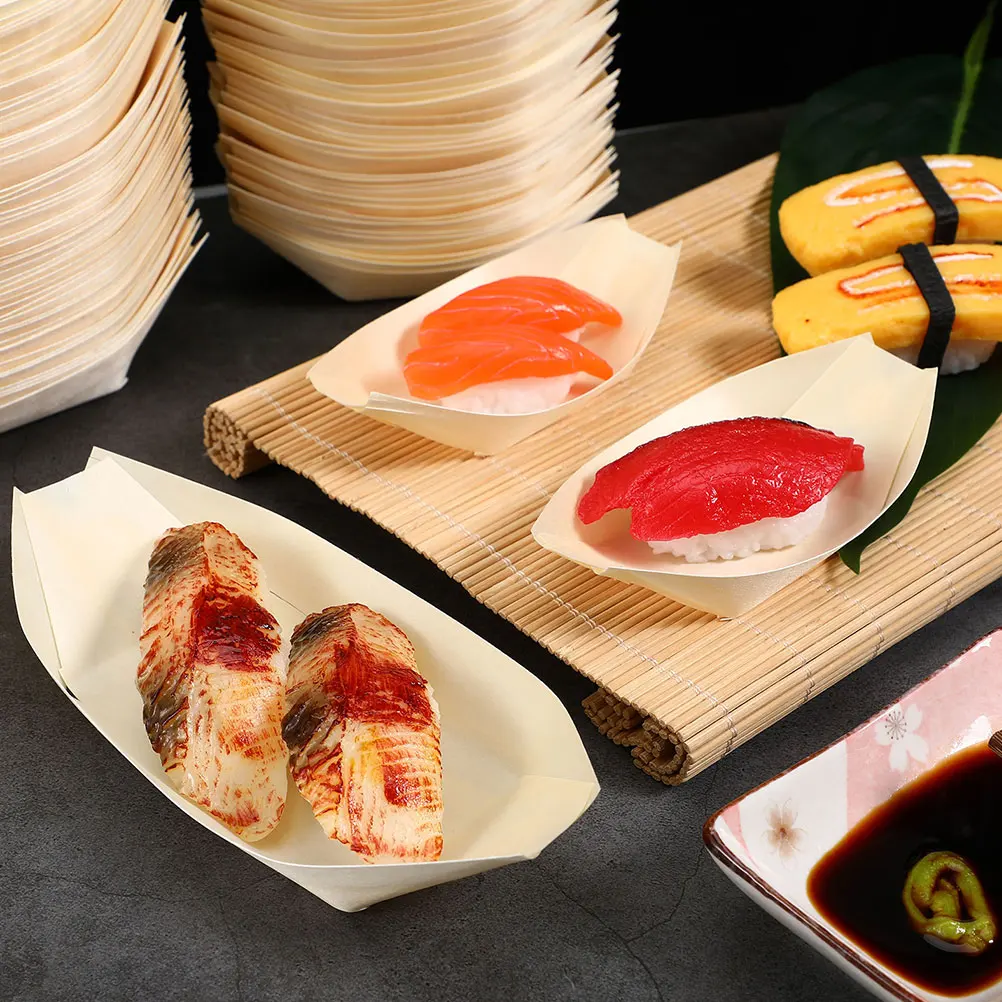 

150 Pcs Wooden Kayak Snacks Plate Boat Shape Sushi Tray Shaped Plates Dish Food Boats Disposable
