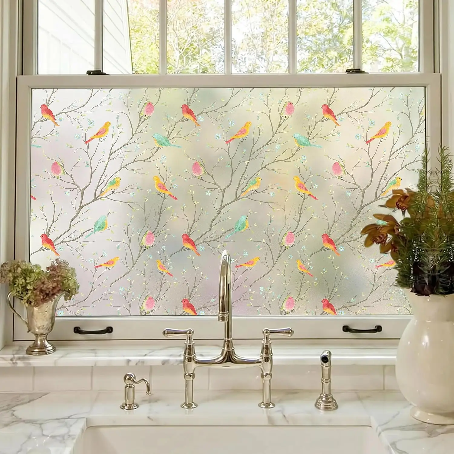 Stained Window Privacy Film UV Heat Blocking Anti-Glare Colorful Bird Glass Film Reusable No Glue Sticker for Front Door Baths