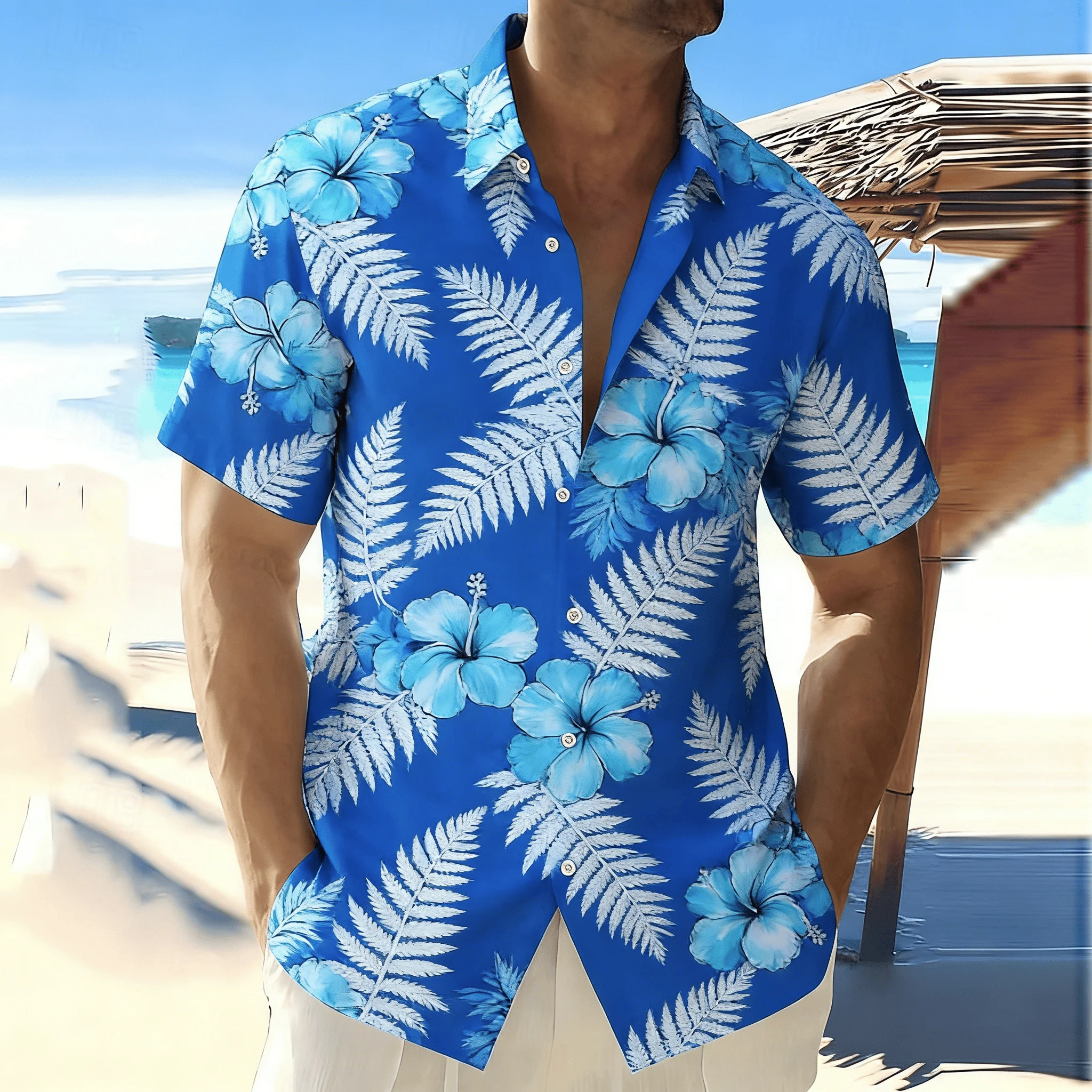 

Men's Gradient Blue Coconut Tree Print Short Sleeve Shirt, Spring Summer Fresh Hawaiian Vacation Casual Top, Pocket Lapel Style