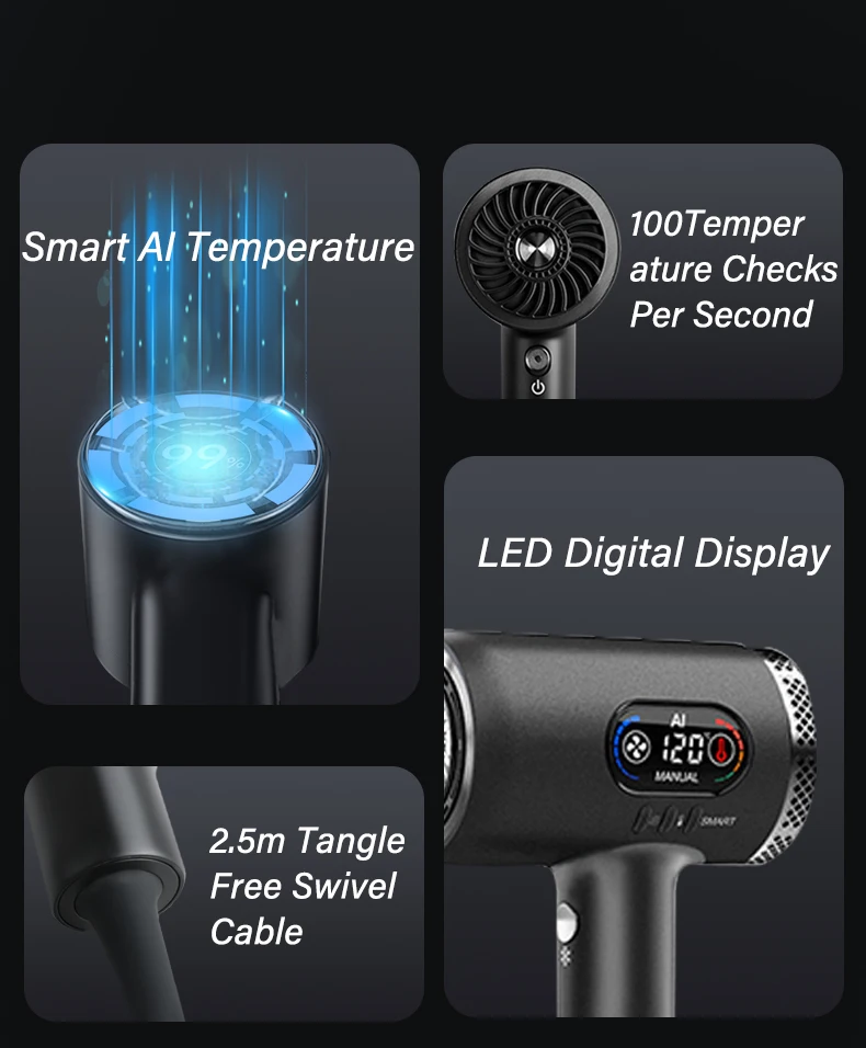 Professional 2000W AI smart Hair Dryer with Powerful Negative Ionic Brushless Motor High-Speed Blower for Household Salon Use