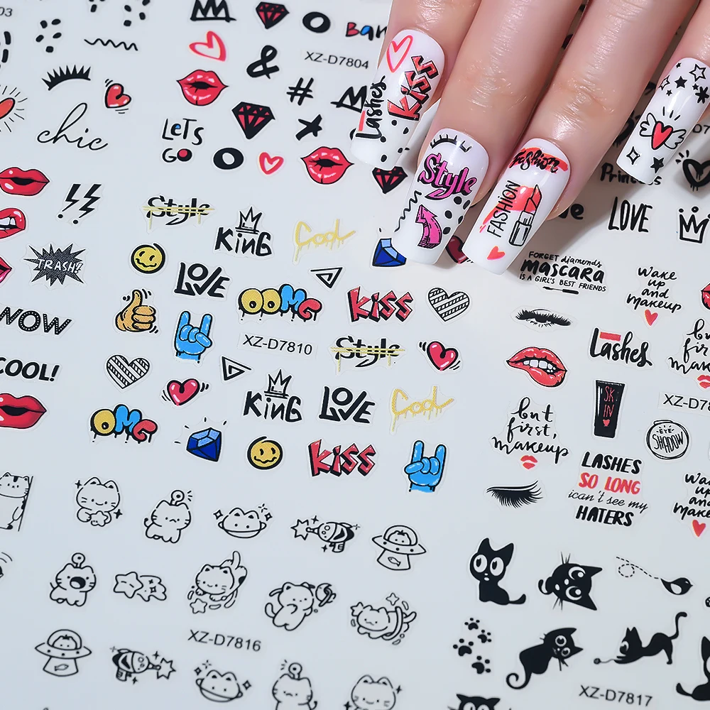 30 Uds. De pegatinas para decoración de uñas de animales con grafiti de dibujos animados, diseño de gato negro/perro/lábios rojos Kawaii, calcomanías para uñas DIY, deslizadores de manicura Punk