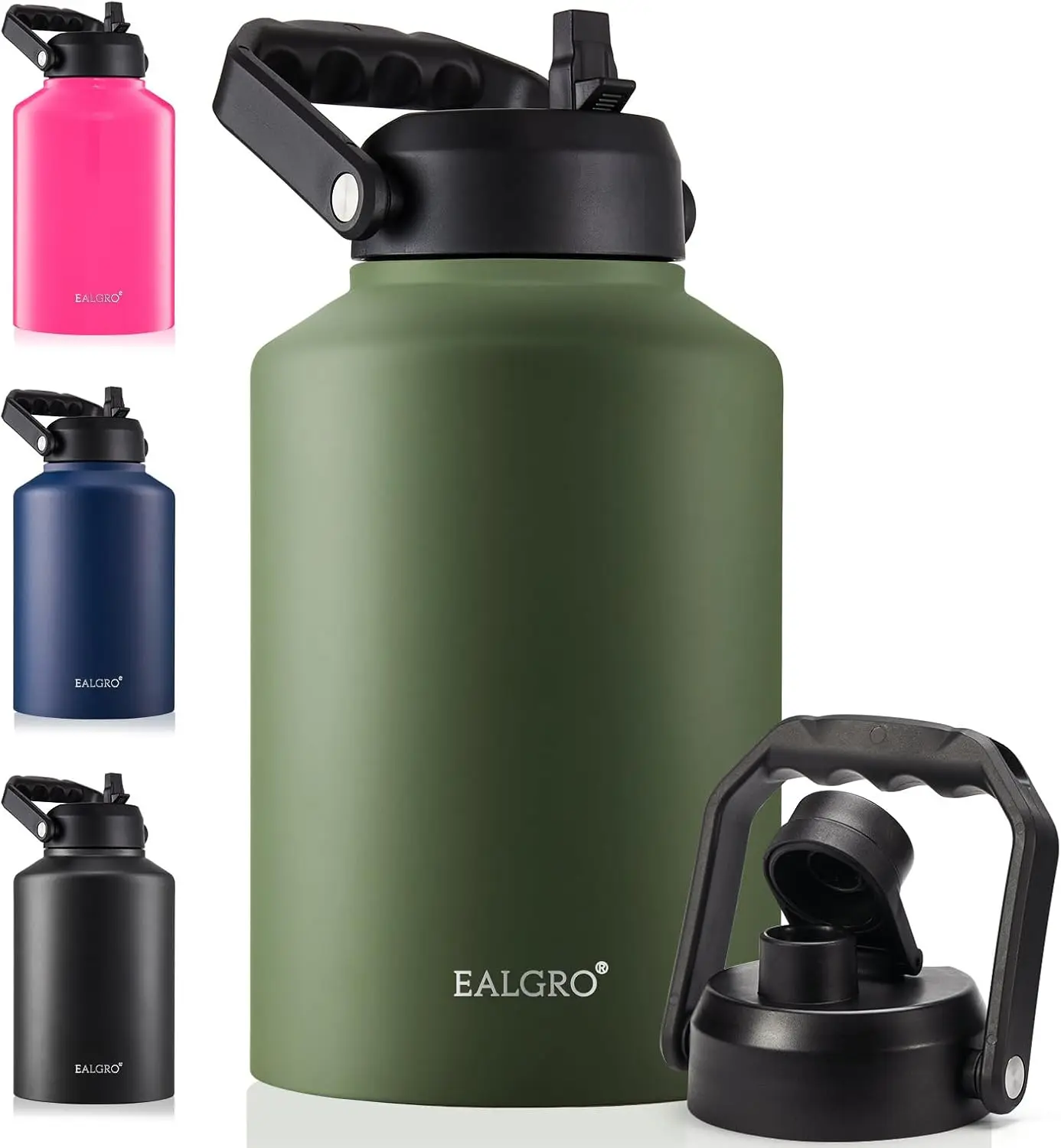 

Термобутылка из нержавеющей стали на 128 унций с соломинкой, ручкой и 2 крышками, цвет армейский зеленый