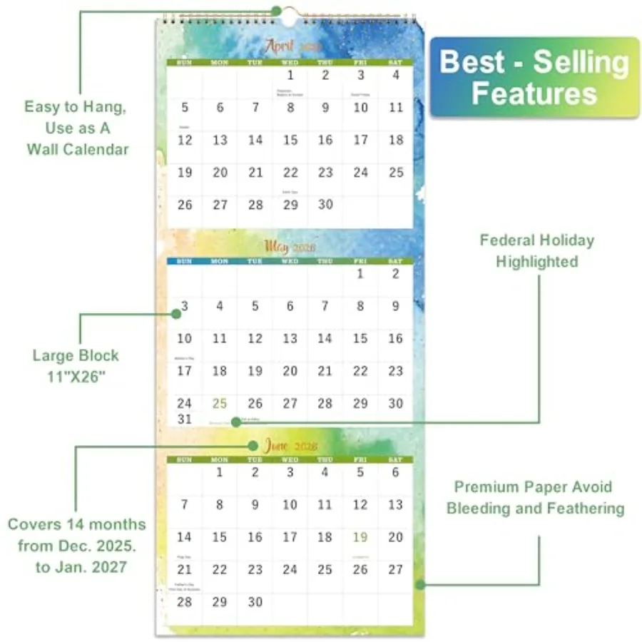 2026 Calendar 3 Month Wall Calendar 2026 Display Folded in a Month Wall Calendar 2026 Jan. 2026 Dec. 2026 11" x 26" 3 Month Ver