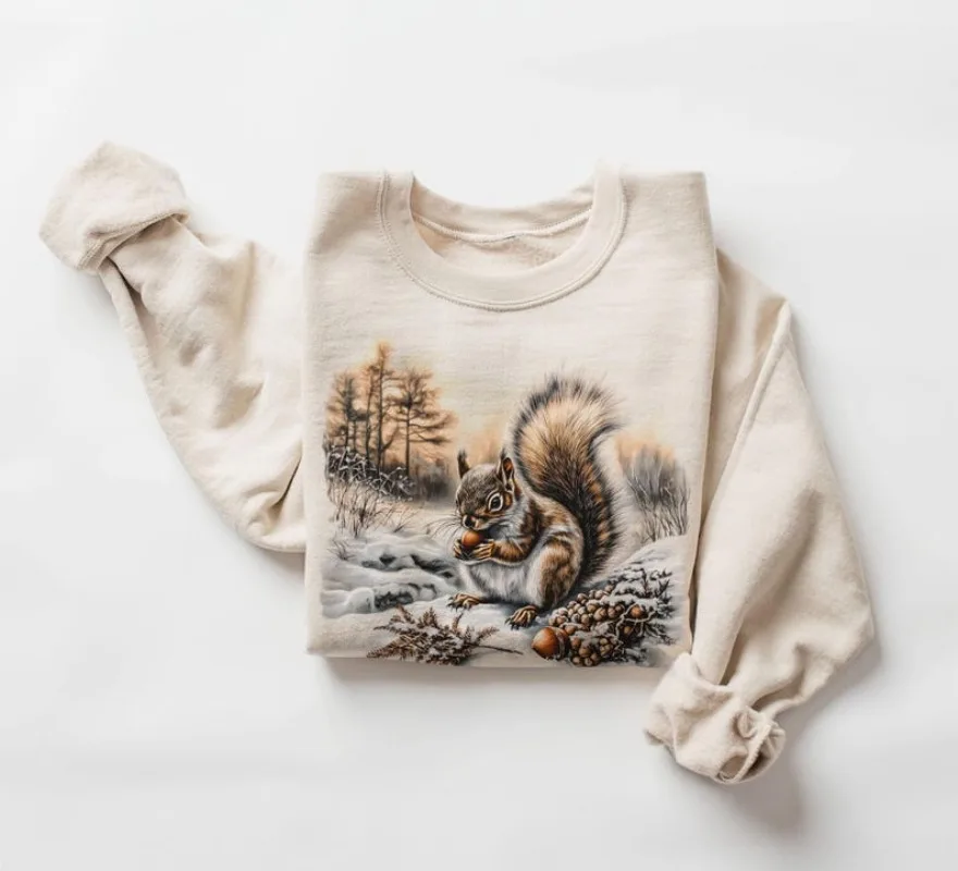 

Толстовка в стиле ретро с белкой и желудями, зимняя лесная сцена, винтажная толстовка 90-х годов с милыми животными, женская толстовка в стиле бохо, толстовка с капюшоном
