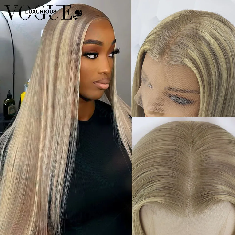 

Highlight Ash Blonde Straight 100% Virgin Hair Wig 13x6 Lace Front Wig Preplucked Natural Hairline 200% Density Human Hair Wigs