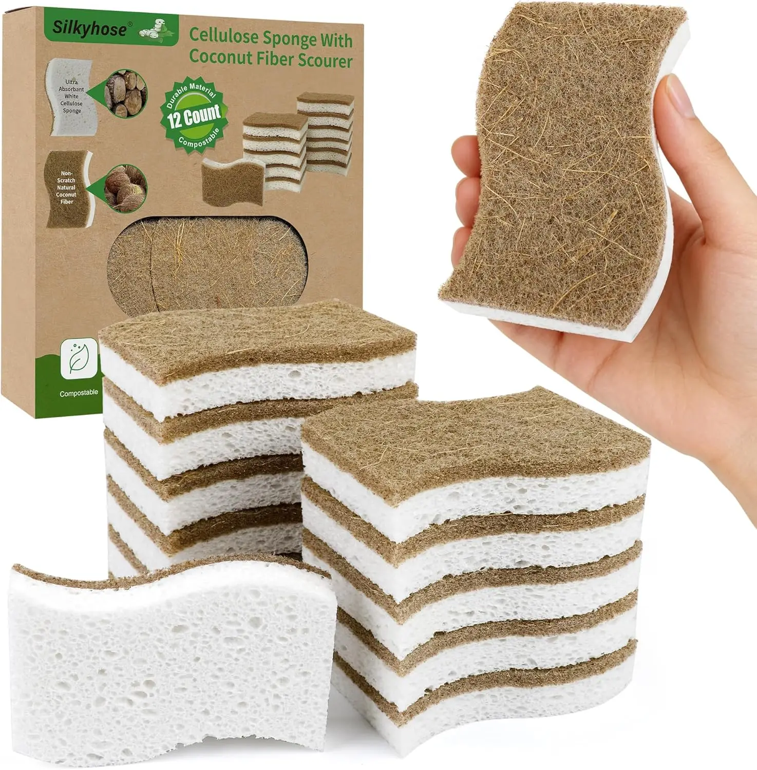 Eco-Friendly Kitchen Sponges, Biodegradable & Compostable, Non-Scratch Cellulose & Coconut Fibe... product image