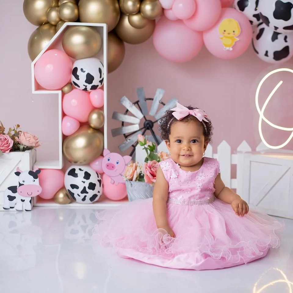 1set Carton Cow Pig Farm Animal Balloon Tower Pink Foil Number Balloons for Kids Farmland Birthday Party Decoration Supplies