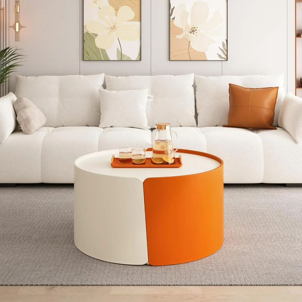 Coffee Table Set of 2, Round Nesting Table and End Table, Modern Side Tables with Extendable Sliding Tabletop, No Need Assembly