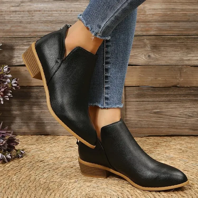 Women Short Boots 2024 Fashion Pointed Toe Chunky Heel Work Solid color Ankle Chelsea Shoes Goth Cowboy Pumps Zip Women Boots