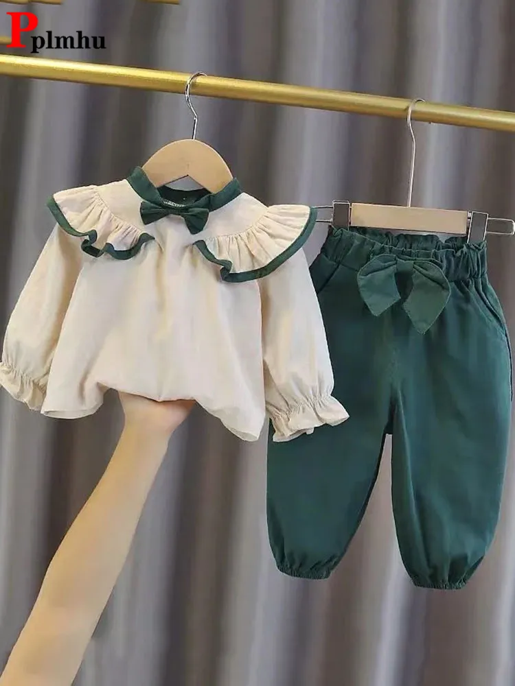 Cotton Linen Lotus Leaf Shirts Long Sleeve Tops Baggy Bow Jogger Pants Outfit Sweet Cute Girls Conjuntos Children 2 Piece Sets