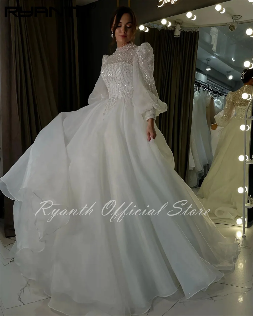 

Ryanth Vintage High Neck Full Sleeves Stunning Beaded Organza Wedding Dresses Sweep Train Custom Made 2024 New Vestido De Noival