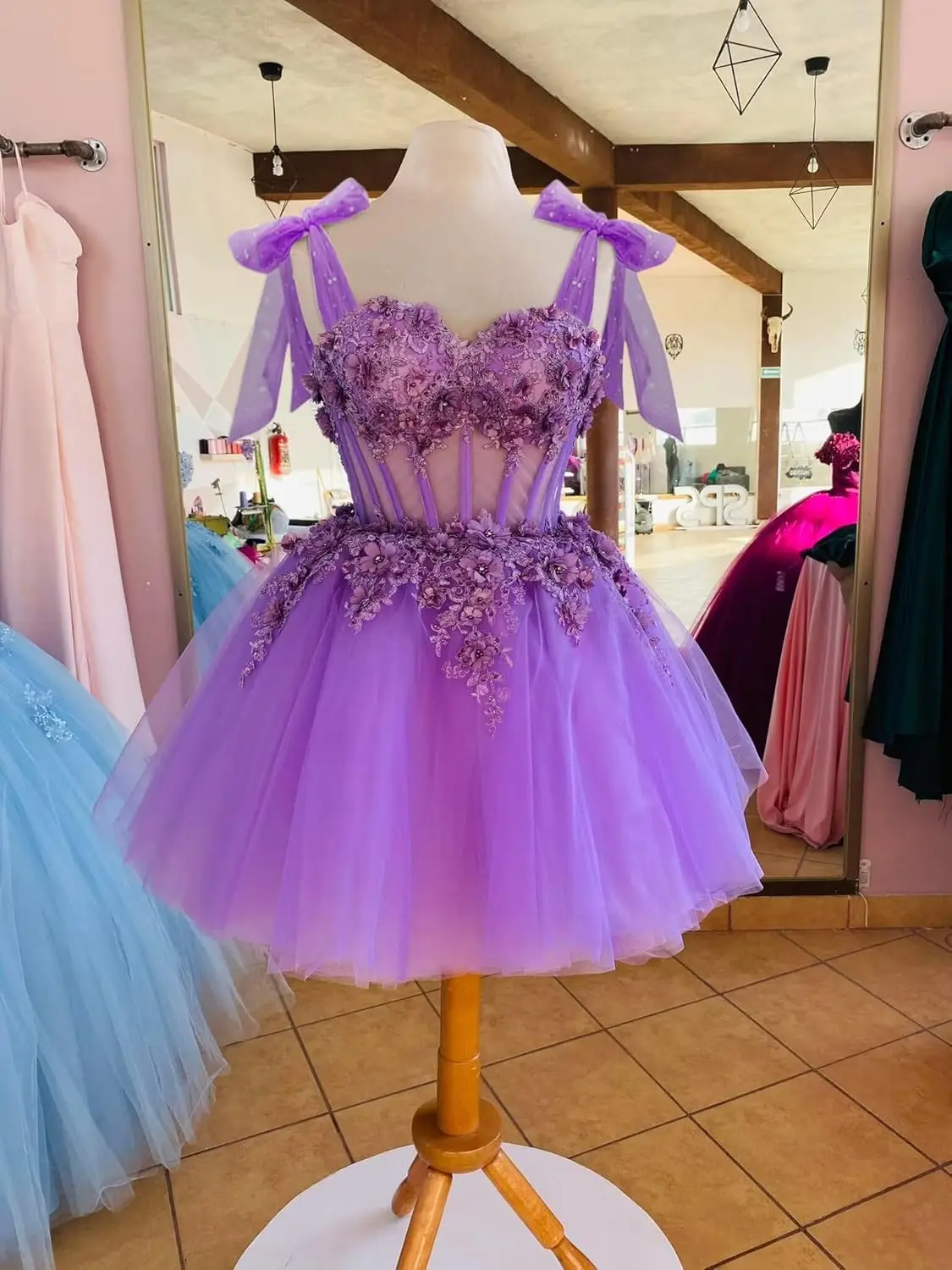 Bretelles Spaghetti robes de soirée pour adolescents fleur 3D robe de bal courte paillettes Quinceanera DAMA robes au-dessus du genou, Mini