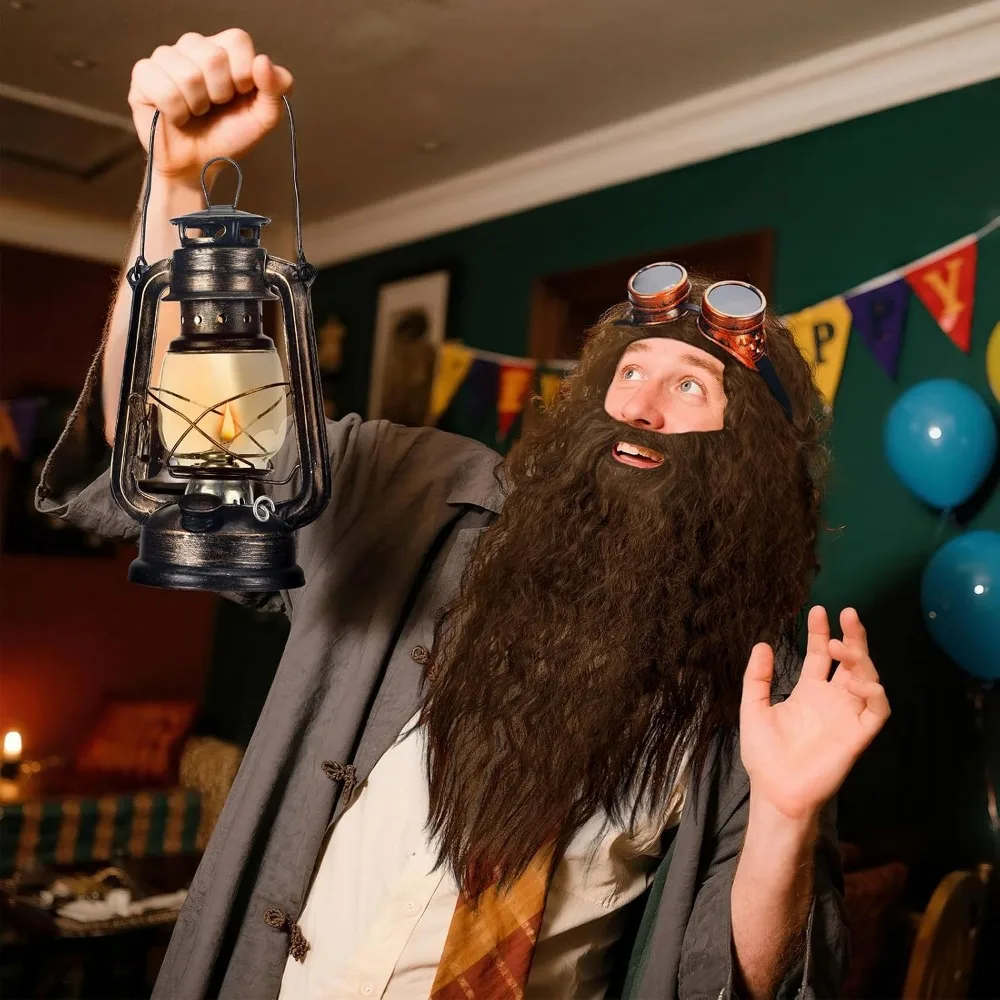 5Pcs Wizard Wig Beard Steampunk Goggles Halloween Costume Vintage Steampunk Goggles Belt Kerosene Lamp Decorations Dress Up Tool