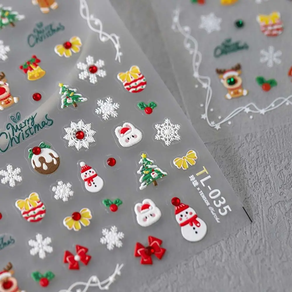 Self Adhesive Nail Art Sticker Manicure Decorations 5D Embossed Relief Rhinestone Christmas Snowflake Santa Claus Snowman Decals