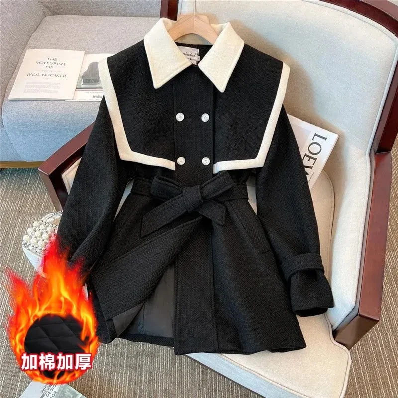 2023 Autumn/Winter Lady High End Small Figure Design Sense Small Navy Collar Double Breasted Lace Up Waist Wrap Outcoat Women