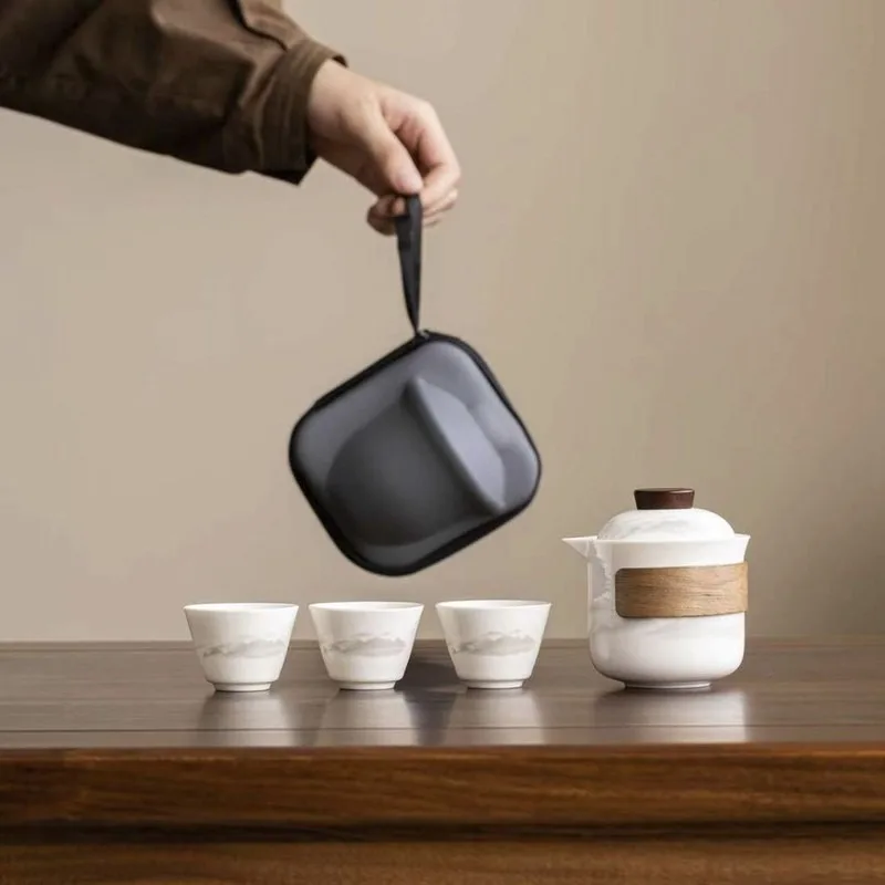 Portable Travel Tea Set, 1 Pot 4 Cups Bone China Quick Brew Gongfu Tea Set for Outdoor Camping, Lightweight Gift Box