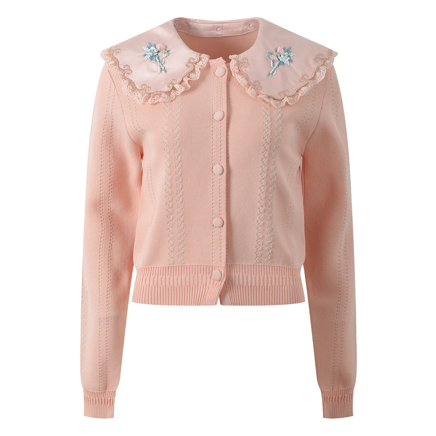 

Нежный вязаный кардиган с вышивкой цветов и кружевным воротником-стойкой, весенняя новинка, женский, с длинными рукавами, с цветочным узором