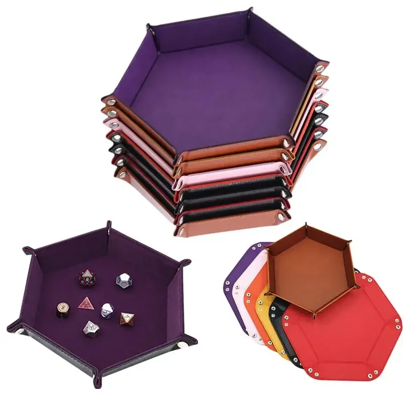 Rolling Folding Hexagon Dice Game Storage Tray PU Leather&Velvet Mat Holder Double Sided Thick Office Supplies Storage Tools