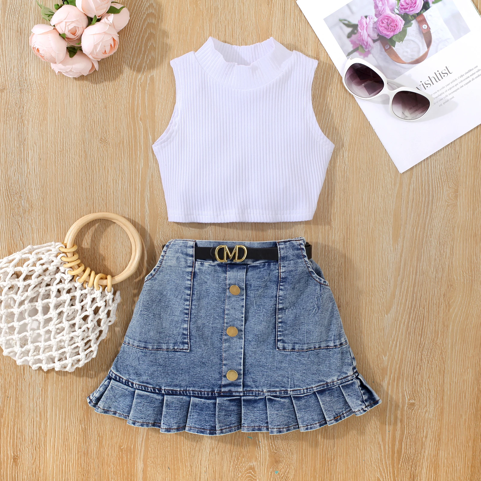 Fashion Style Girl's High Neck Sleeveless Vest Top With Denim Pocket Pleated Skirt With Belt Girl's Skirt Suit