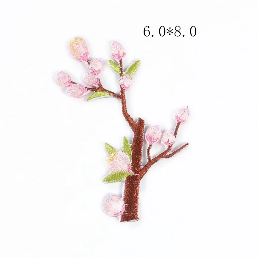 Pink Flowers with Branch Embroidered Appliques for Clothing Peach Blossom Exquisite Iron on Patches Woman Shirt Pant DIY Decor
