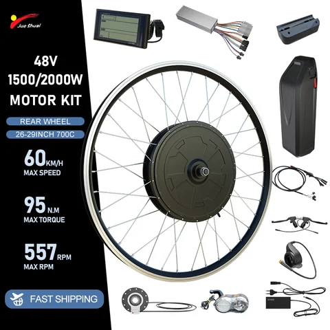 48V 1500W 2000W 전기 자전거 개조 키트 후륜 구동 브러시리스 기어리스 허브 모터 (13ah 20ah 하이롱 배터리 포함) MTB DIY 키트