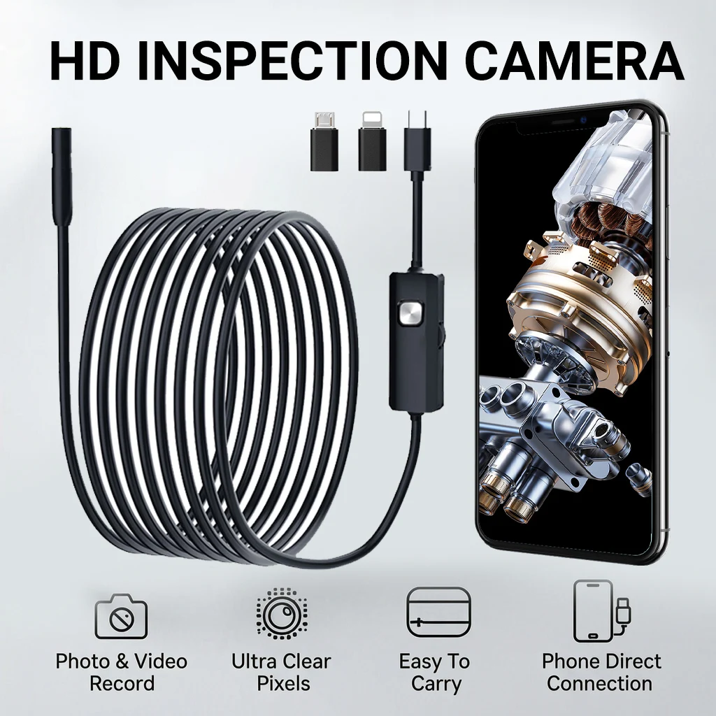3 in 1 8mm Endoscope Camera For iPhone Android HD Borescope USB Type-C Lightning Inspection Camera With LED Light