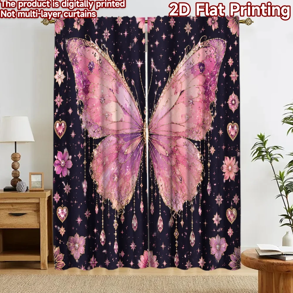 2D flat 2pcs Curtain Retro Country Style Curtains Pink Jeweled Butterfly Digitally printed polyester, colorfast Holiday