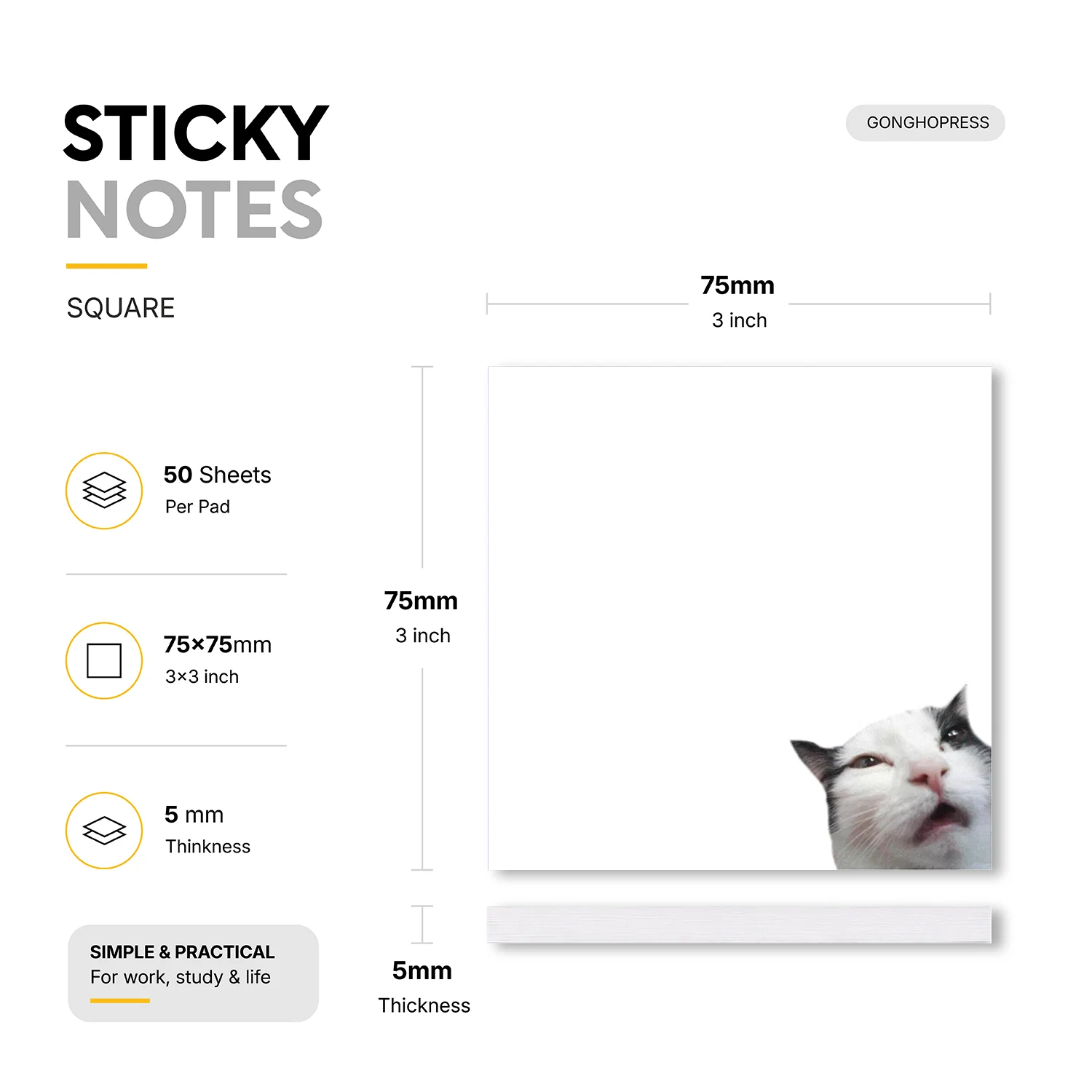 2 pcs Sticky Notes, 100 Sheets Total, Cute Cat Self-Stick Memo Pads, White Removable Adhesive Notes for Office, School, Study