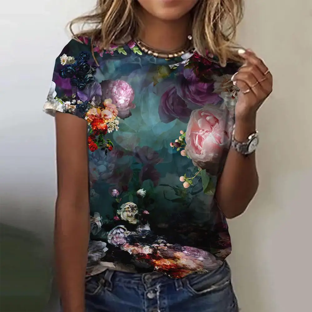 Camiseta floral 3D com gola em O feminina, camiseta feminina, tops casuais, Harajuku, manga curta, roupas femininas, moda, verão