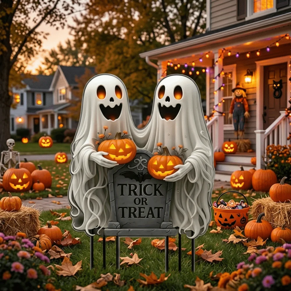 Funny Acrylic Halloween Ghost Stake Pumpkin Trick Or Treat Garden Decoration 2D Flat Floor Socket Ghost Plaque Lawn