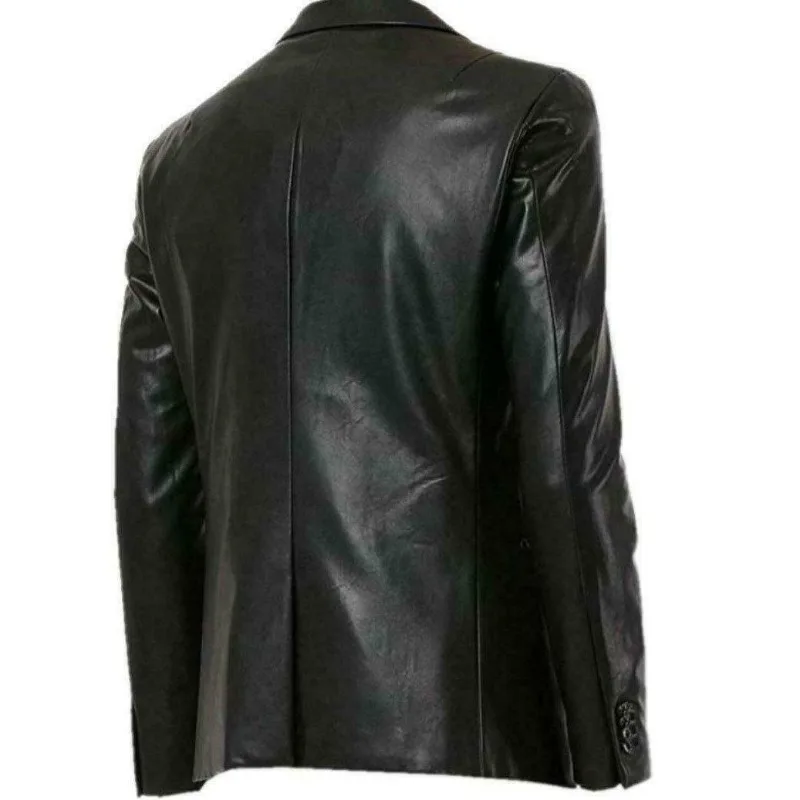 Men's Black Leather Suit Jacket Soft Sheepskin Double Button Genuine Leather Jacket