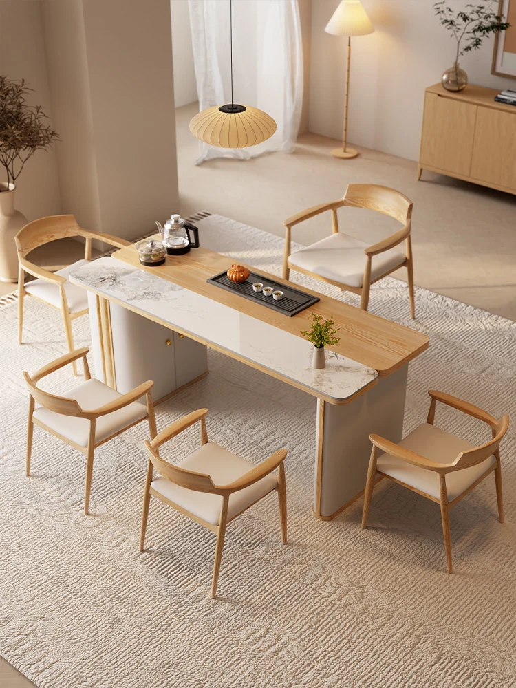 Mesa de té y silla de madera maciza moderna, combinación de crema, mesa de centro de viento, mesa de té integrada para el hogar, balcón, 2025
