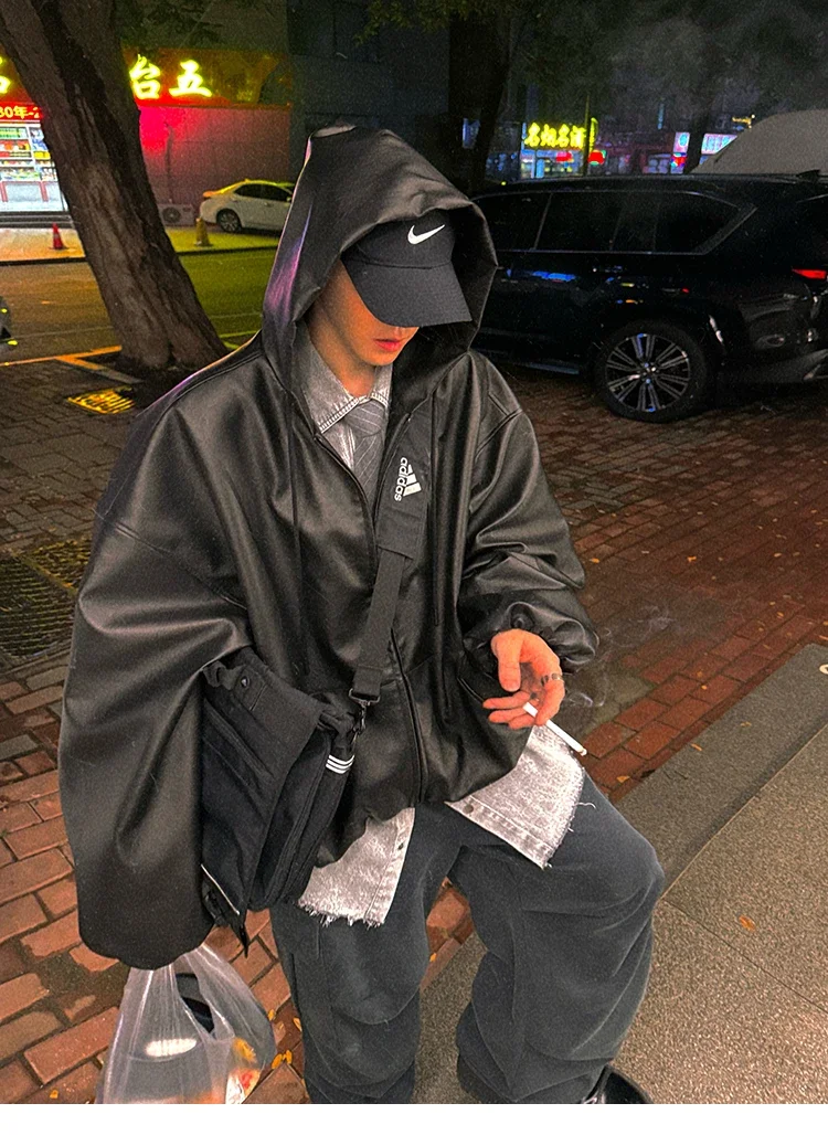 Frühling Herbst Kurze Übergroße Schwarze Weiche PU-Lederjacke für Männer mit Kapuze Reißverschluss Locker Lässig Koreanische Modekleidung – Detail 20
