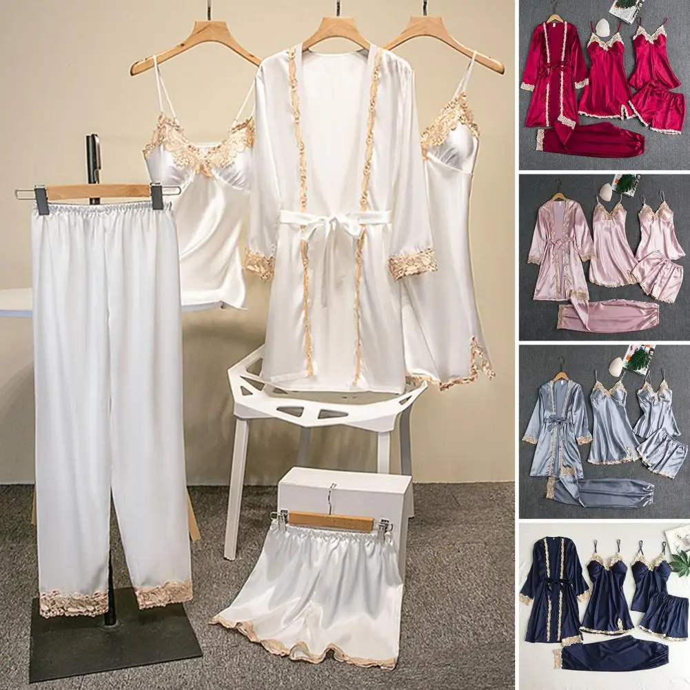 

Suspender Nightgown Trousers Set Elegant Satin Lace Pajama Set with Lace-up Waist 5-piece Women's Nightwear Set for Comfortable