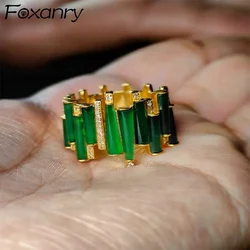 Foxanry Gold Color Sparkling Green Zircon Rings For Women Girls Creative Trendy Vintage Elegant Engagement Jewelry Accessories