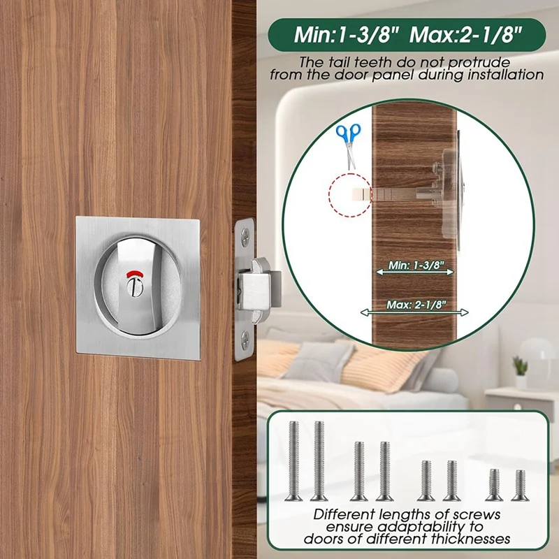 FULL-Pocket Door Lock With Indicator Light, Silver Privacy Square Pocket Latch, Barn Door Lock Pocket Door Hardware