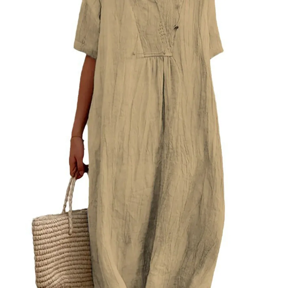 فستان نسائي من القطن والكتان الشهير لعام 2025 بلون سادة ورقبة على شكل حرف v كبيرة بنمط عصري فضفاض من القطن والكتان بأكمام قصيرة #5