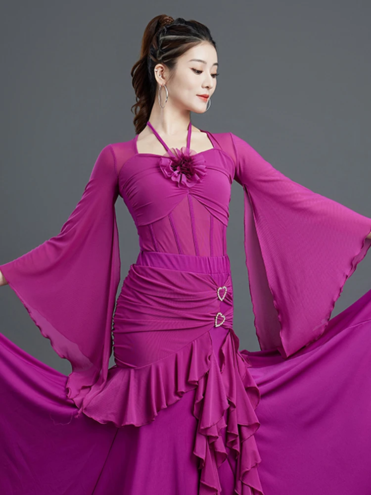 Nuevo traje de entrenamiento de baile latino de vals, mono de manga larga de malla para mujer, Top de práctica de baile de salón para adultos XH2545