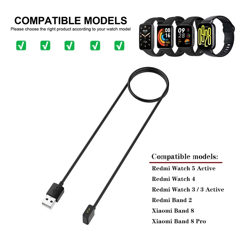 For Redmi Watch 5 Active / 4 / 3 / Redmi Band 2 USB Charger Cable for Xiaomi Band 8 / 7 Pro Charging Adapter Wire Cord Charger