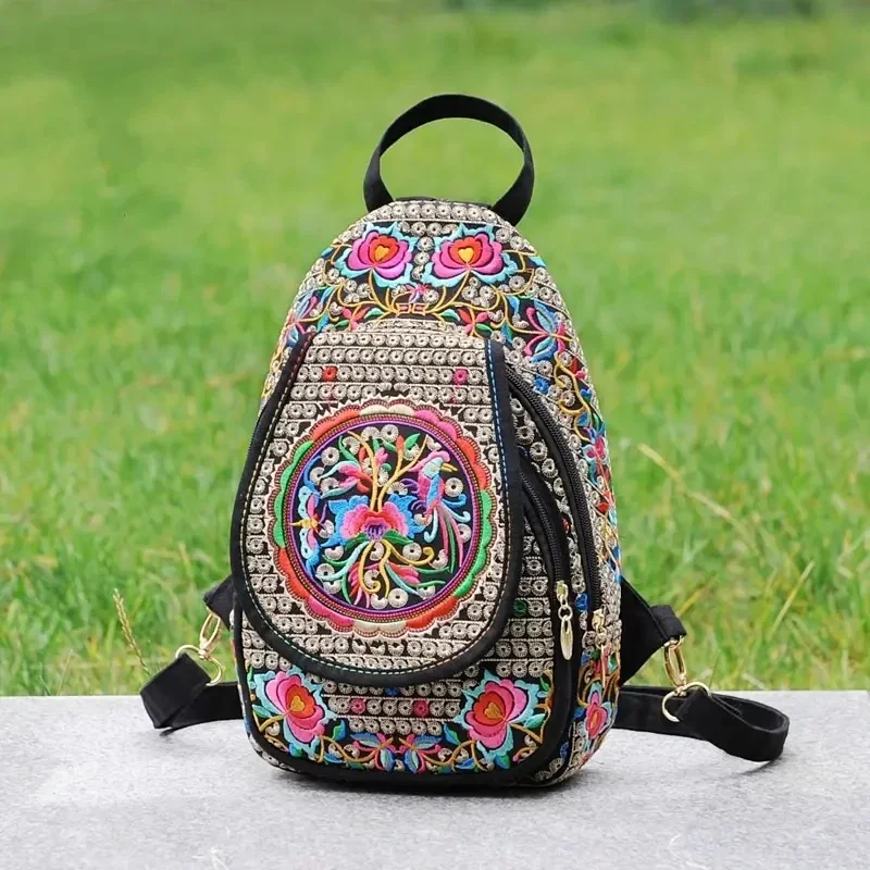 Handmade Embroidered Design Canvas Backpack Women Small Ethnic Rucksack Knapsack Female Travel Multifunction Shoulder Chest Bag