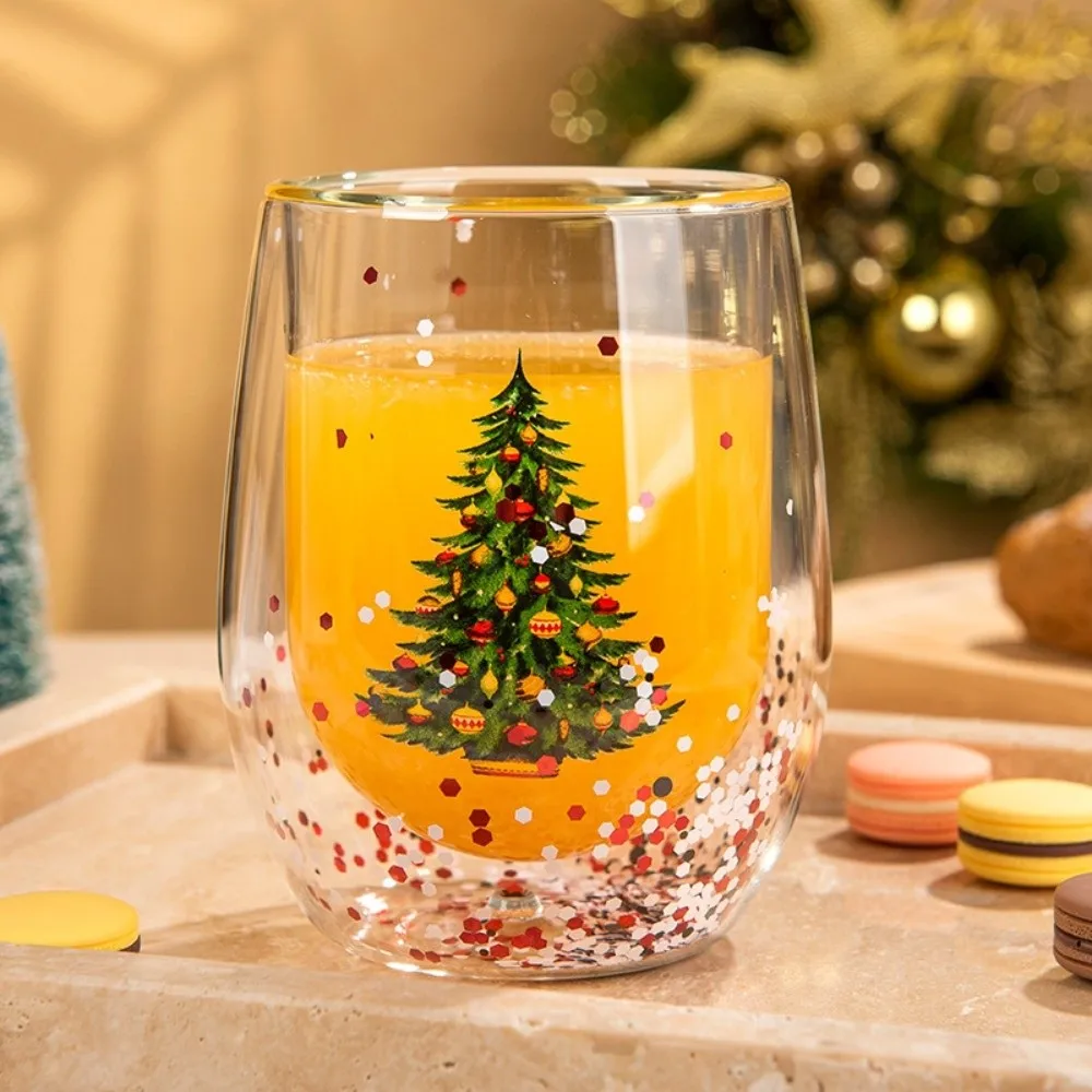Heat-resistant Double-layer Sequins Christmas Glass Cup High Borosilicate Glass Reusable Coffee Milk Mug Tea Espresso Cup