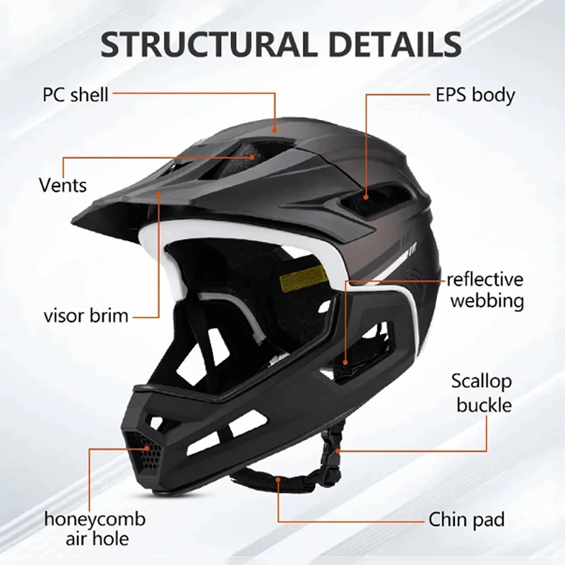 Bicycle Full Face Helmet Removable Chin Rest 15 Vents Breathable Mountain Bike Helmet Outdoor Sports Cycling Safety Hat for Men