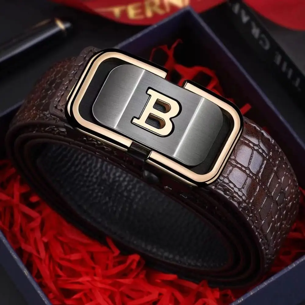 

Casual Black Coffee Business Leather Belt Crocodile Pattern Luxury Design Automatic Buckle Waist Belt Man Trendy Brand Waistband