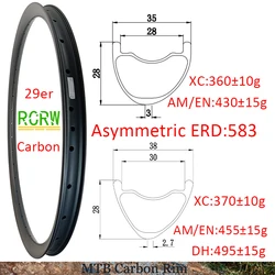 29er MTB XC AM EN DH, llanta de carbono de 35mm o 38mm de ancho, 28mm, sin cámara asimétrica profunda UD 3K 12K 24 28 32 36, Agujero sin cinta o agujero exterior