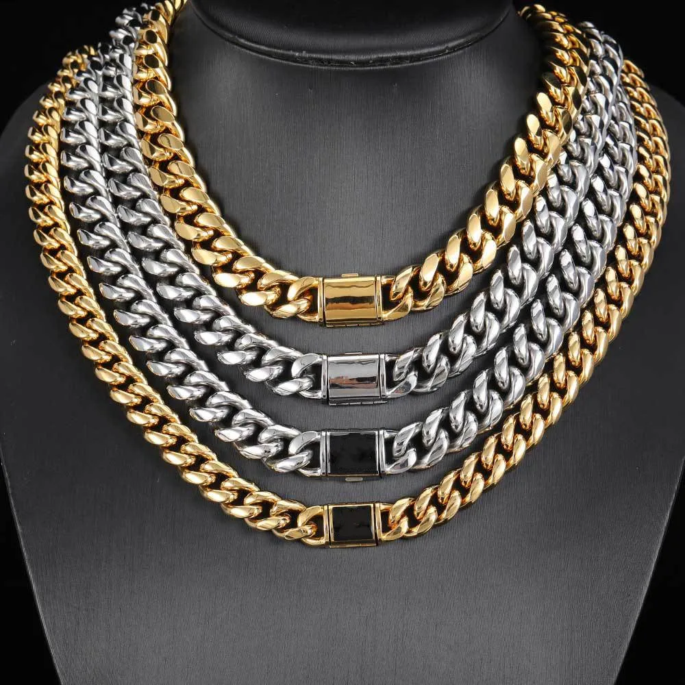 

10-14MM Miami Cuban Link Chain Necklace for Men Women Stainless Steel Hip Hop Bracelet Glossy Flap Buckle Fashion Jewelry