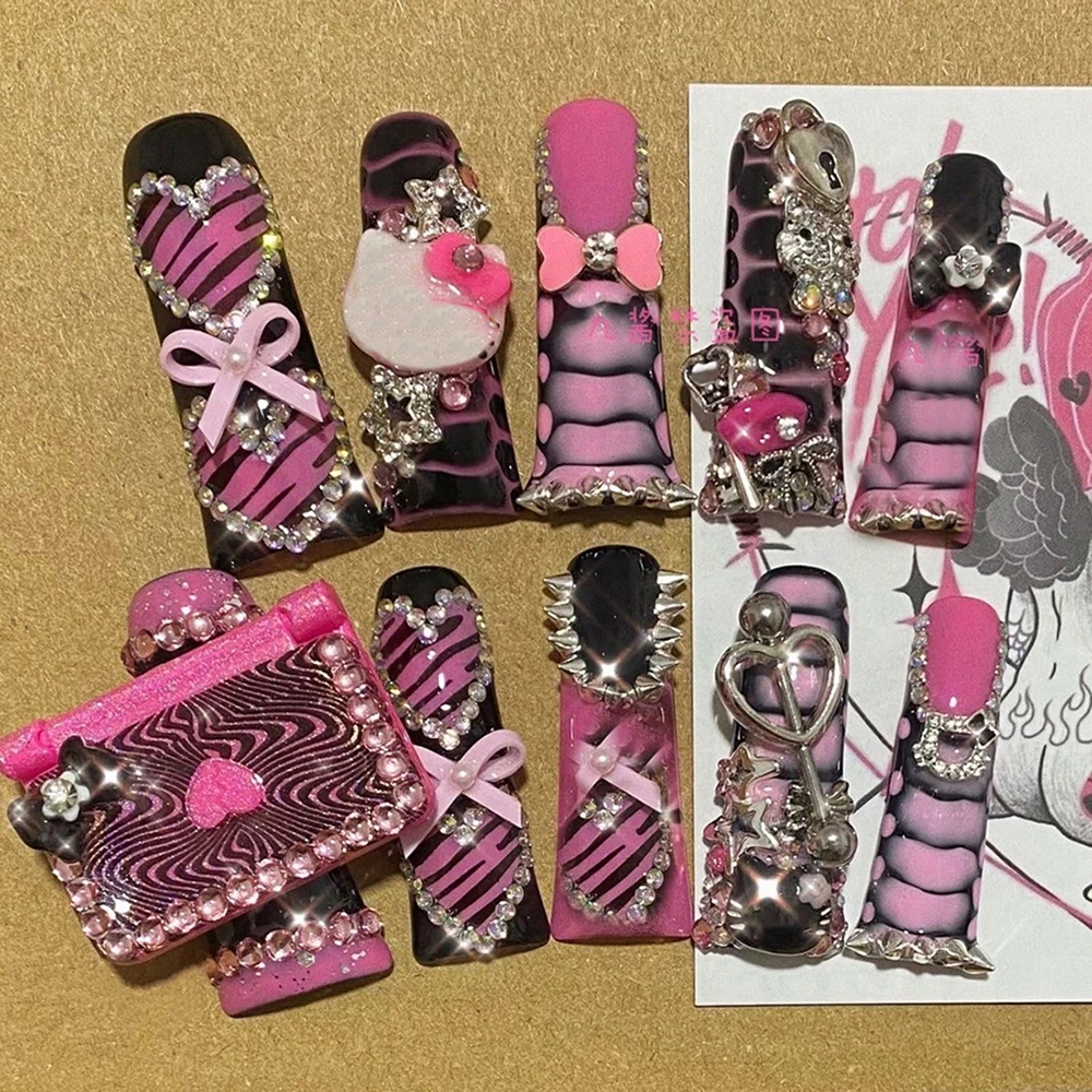 

10Pcs Y2K Long Duck Square Punk Rivet Press On Nails Handmade French Leopard Print Star Lace Love Diamond Fake Nails Gift