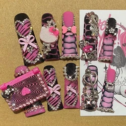 10Pcs Y2K Long Duck Square Punk Rivet Press On Nails Handmade French Leopard Print Star Lace Love Diamond Fake Nails Gift