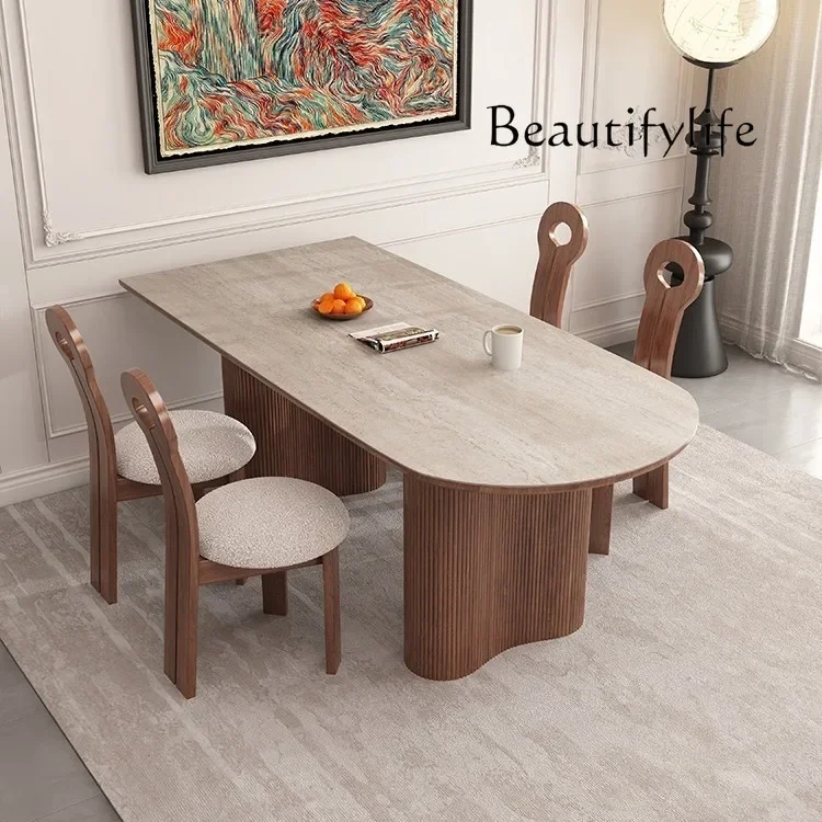 N36 French retro solid wood dining table small apartment medium and ancient style oval travertine rock slab dining table