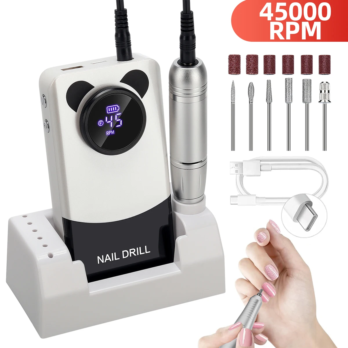 45000RPM Nail Drill Machine Portable Nail Polish Gel Sander Electric Professional Nail Lathe With HD LCD Display Manicure Care